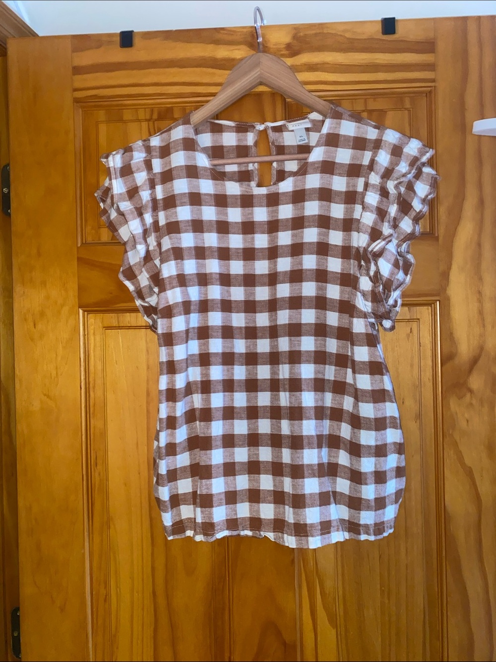 a new day Brown and White Gingham Ruffle Sleeve Blouse